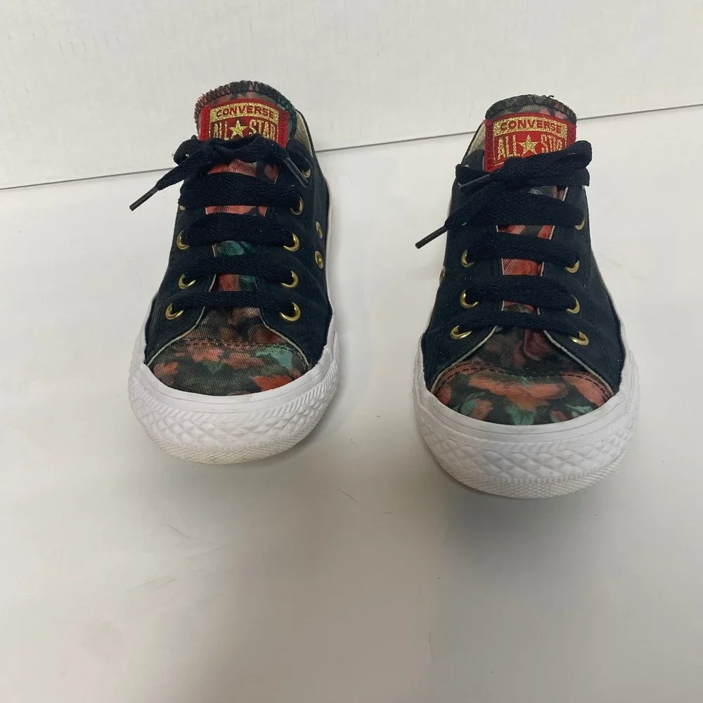 Converse All‎ Star Low Top Youth Size 2 Floral Black Gold Eyelet Sneakers Shoes
